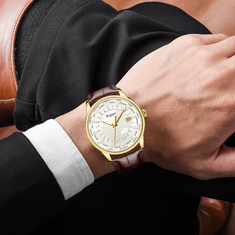 Ferhmen F8040 Men's Automatic Mechanical Watch | Gold-Tone World Time Dress Watch