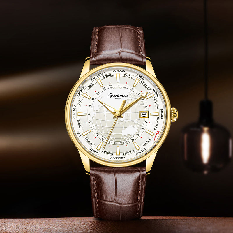 Ferhmen F8040 Men's Automatic Mechanical Watch | Gold-Tone World Time Dress Watch