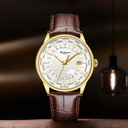Ferhmen F8040 Men's Automatic Mechanical Watch | Gold-Tone World Time Dress Watch