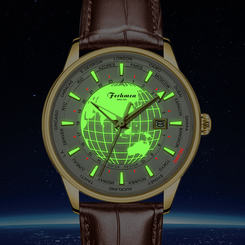 Ferhmen F8040 Men's Automatic Mechanical Watch | Gold-Tone World Time Dress Watch