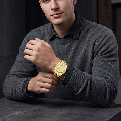 FERHMEN F8100 Men's Gold Quartz Watch | Mechanical-Inspired Crystal Dial