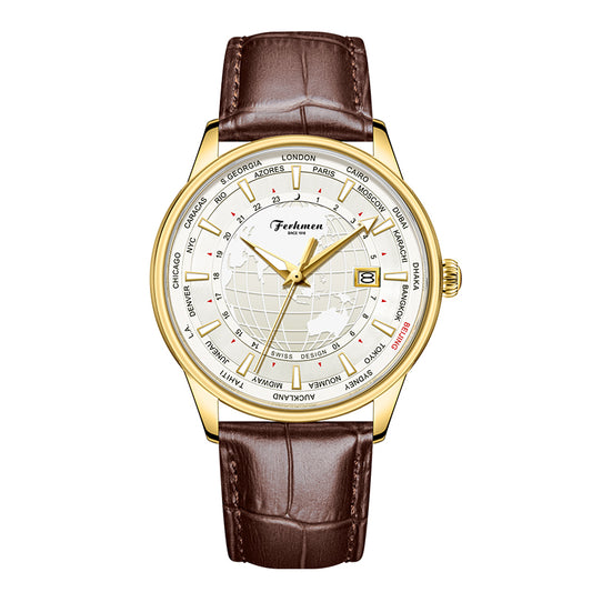 Ferhmen F8040 Men's Automatic Mechanical Watch | Gold-Tone World Time Dress Watch