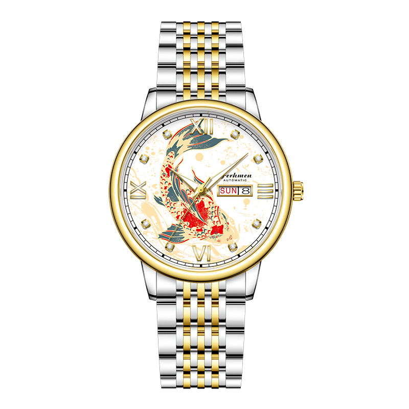 Ferhmen 8686 Koi Carp Luminous Quartz Watch | Men's Luxury Skeleton Back Wristwatch