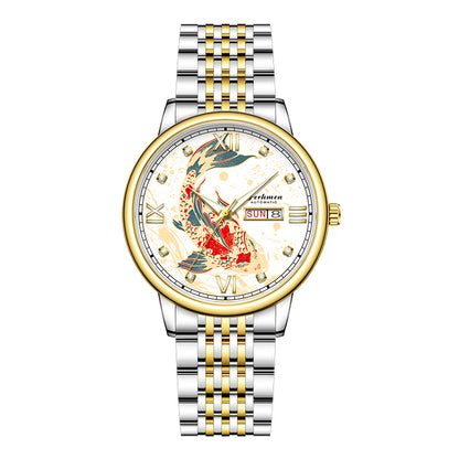 Ferhmen 8686 Koi Carp Luminous Quartz Watch | Men's Luxury Skeleton Back Wristwatch
