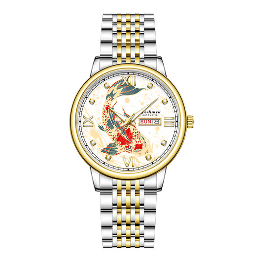 Ferhmen 8686 Koi Carp Luminous Quartz Watch | Men's Luxury Skeleton Back Wristwatch