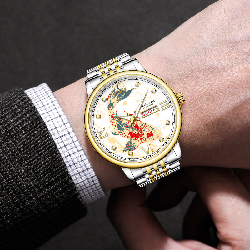 Ferhmen 8686 Koi Carp Luminous Quartz Watch | Men's Luxury Skeleton Back Wristwatch