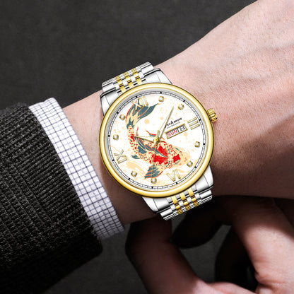 Ferhmen 8686 Koi Carp Luminous Quartz Watch | Men's Luxury Skeleton Back Wristwatch