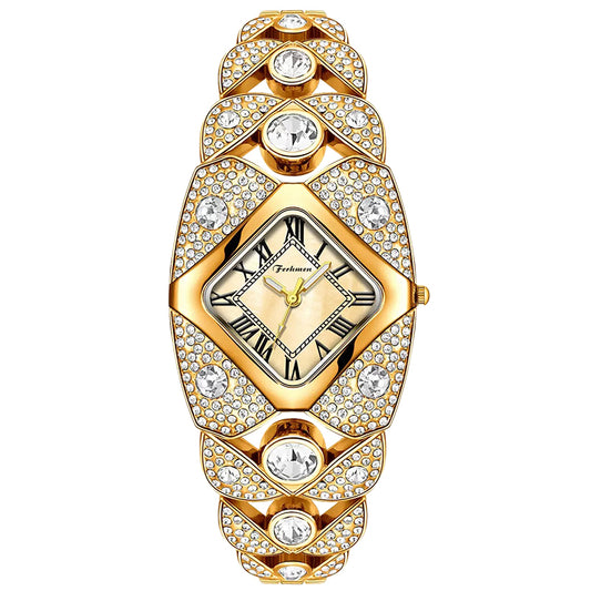 Ferhmen F52109 Women's Gold-Tone Crystal Quartz Watch | Elegant Jewelry Dress Watch