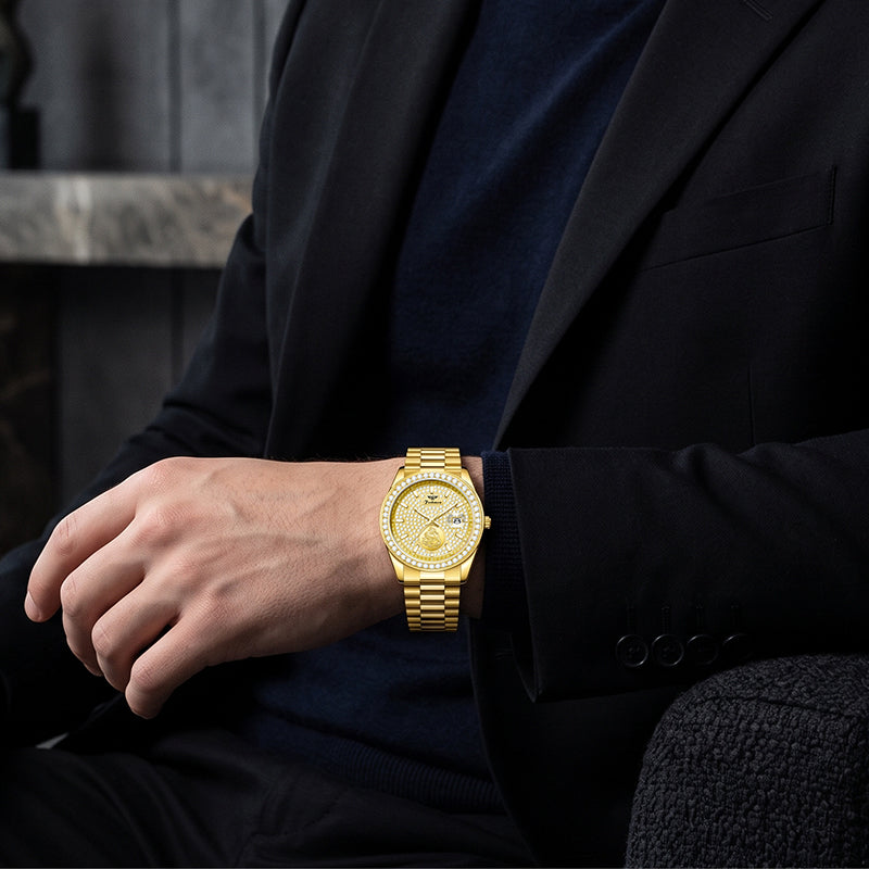 FERHMEN F8100 Men's Gold Quartz Watch | Mechanical-Inspired Crystal Dial