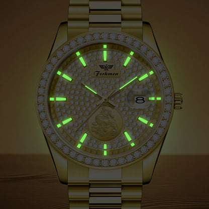 FERHMEN F8100 Men's Gold Quartz Watch | Mechanical-Inspired Crystal Dial