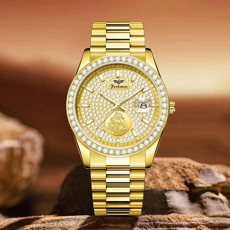 FERHMEN F8100 Men's Gold Quartz Watch | Mechanical-Inspired Crystal Dial