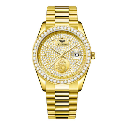 FERHMEN F8100 Men's Gold Quartz Watch | Mechanical-Inspired Crystal Dial