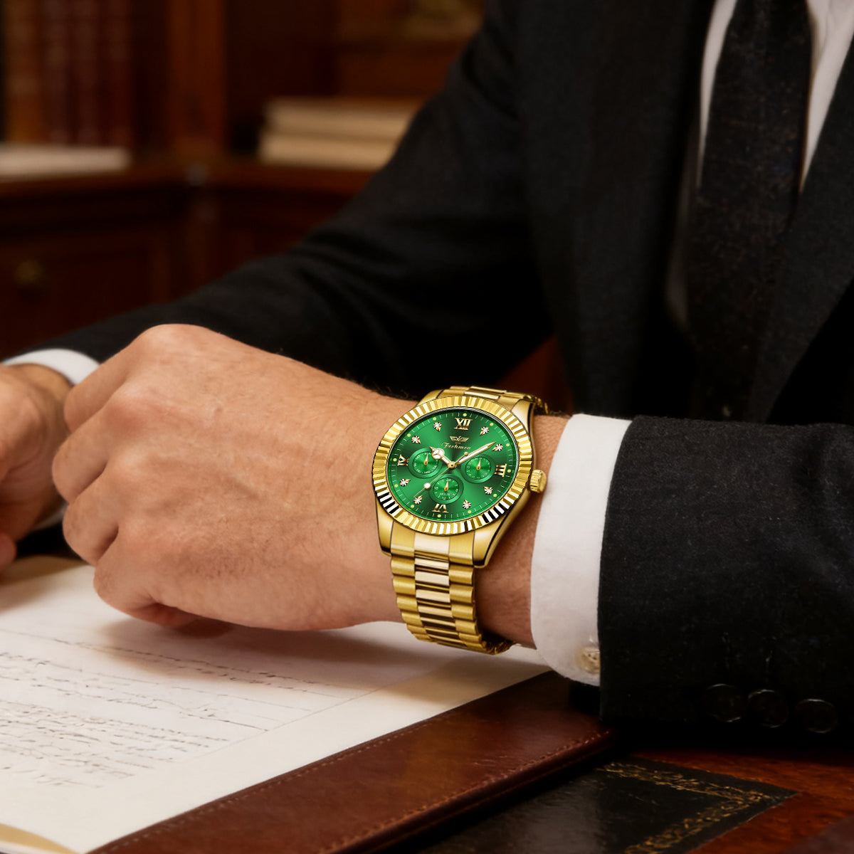 Ferhmen F8330 Men's Gold Green Watch | Mechanical-Inspired Quartz