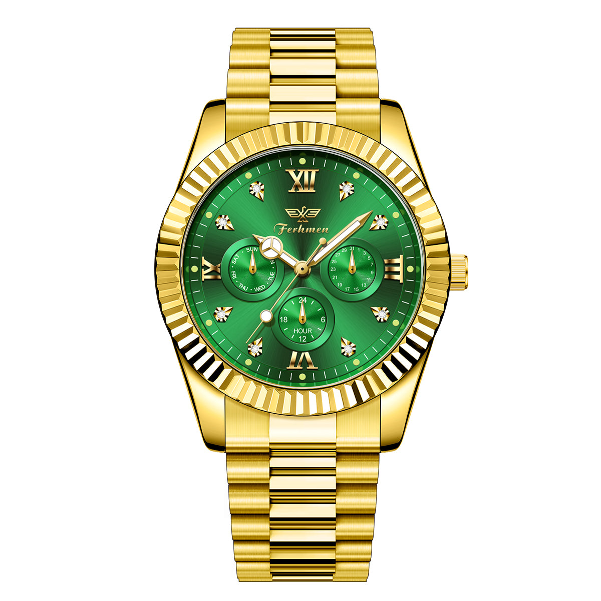 Ferhmen F8330 Men's Gold Green Watch | Mechanical-Inspired Quartz