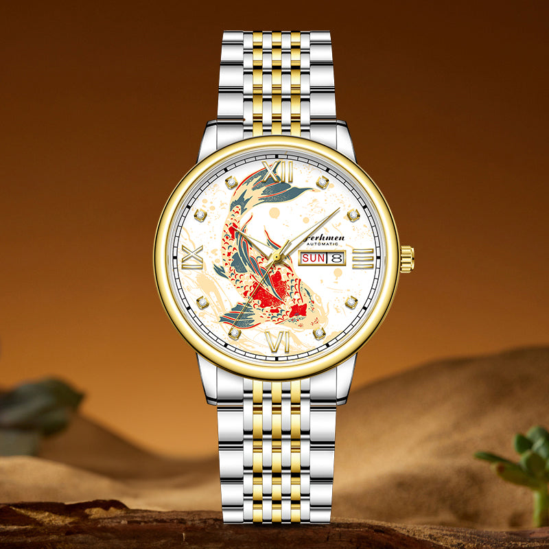 Ferhmen 8686 Koi Carp Luminous Quartz Watch | Men's Luxury Skeleton Back Wristwatch