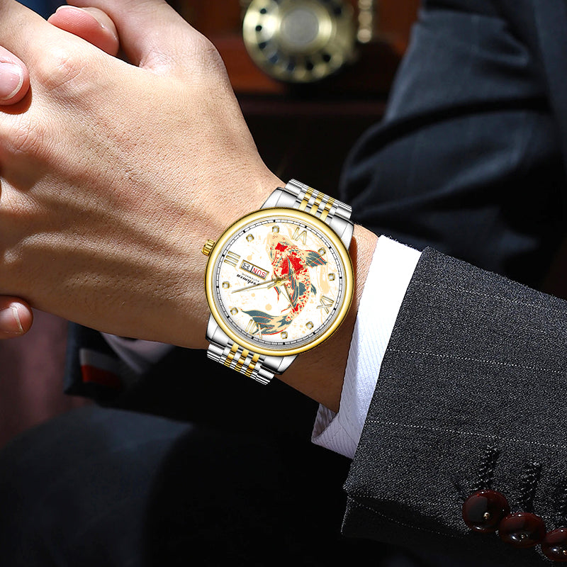 Ferhmen 8686 Koi Carp Luminous Quartz Watch | Men's Luxury Skeleton Back Wristwatch