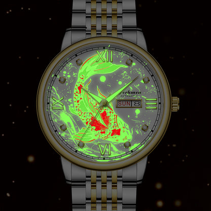 Ferhmen 8686 Koi Carp Luminous Quartz Watch | Men's Luxury Skeleton Back Wristwatch