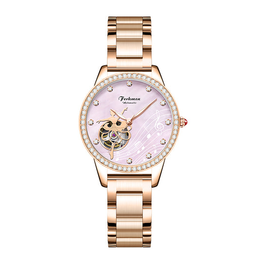 Ferhmen 6888 Women's Rose Gold Skeleton Automatic Watch