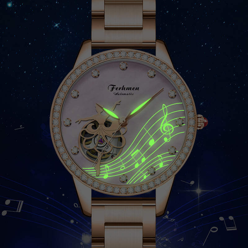 Ferhmen 6888 Women's Rose Gold Skeleton Automatic Watch